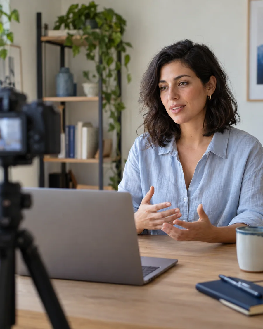 A presenter reading from her laptop while speaking to a camera